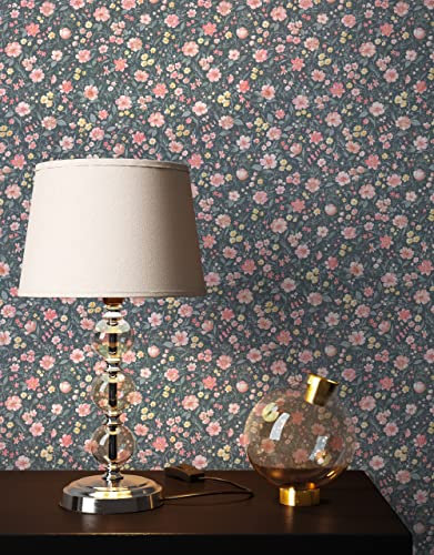 Newroom Tapete Rosa Vliestapete Blumen - Blumentapete Landhaus Anthrazit Blau Blüten Wiese Romantisch inkl. Tapezier-Ratgeber