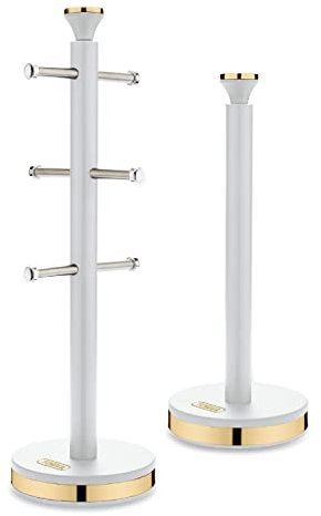 Tower Cavaletto Mug Tree and Towel Pole Set with Anti-Slip Base, White and Champagne Gold