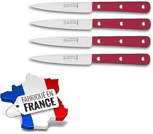 LOT DE 4 COUTEAUX OFFICE ROUGE LAME INOX 10 CM, MANCHE ABS ROUGE 3 RIVETS - FABRICATION FRANÇAISE THIERS - USTENSILE DE CUISINE -