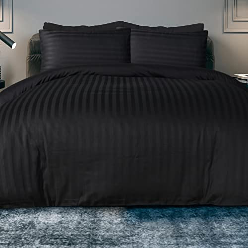 Sleepdown Soft Hotel Quality 225 THREAD COUNT COTTON Black Satin Stripe Reversible Duvet Cover Quilt Bedding Set with Pillowcases Easy Care Bed Linen - King (230cm x 220cm)