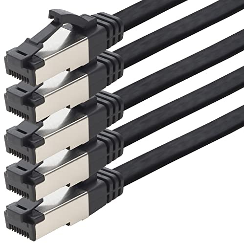1aTTack.de 5m Cat 8 Patchkabel flach schwarz 40 Gigabit Netzwerkkabel Ethernet LAN Kabel 40 Gbits 2000 Mhz Patchkabel Cat8 Kabel LSZH TPE PIMF Rj45 Stecker 5 Stück - 5m