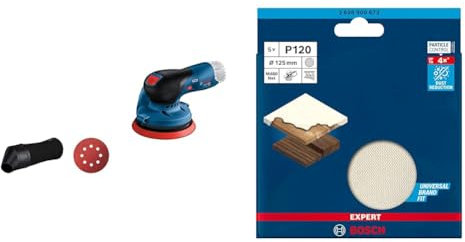 Bosch Professional Exzenterschleifer GEX 12V-125 (inkl. Schleifteller (125 mm)) + 5X Expert M480 Schleifnetz (für Hartholz, Farbe auf Holz, Ø 125 mm, Körnung 120, Zubehör)