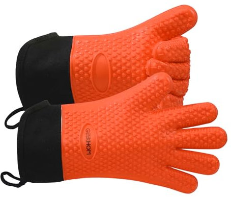 GEEKHOM Grillhandschuhe, Grillhandschuhe, hitzebeständige Ofenhandschuhe, Küche, Silikon, Ofenhandschuhe, lang, wasserdicht, rutschfest, Topflappen für Grillen, Kochen, Backen (XL, Orange)