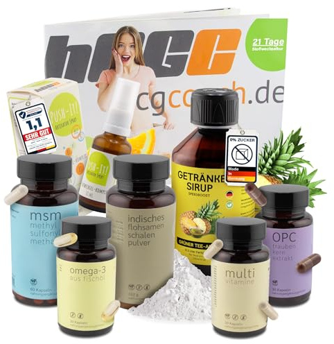 hCGC Stoffwechselkur 21 Tage Komplettset - B Vitamine Spray, Omega 3, OPC, MSM, Vitamin Komplex Kapseln, Flohsamen Pulver Zuckerfreier Sirup Grüntee-Ananas - Unterstützt Stoffwechsel & Verdauung