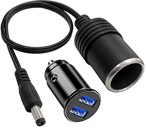 Hoembpn DC 5,5 mm x 2,1 mm Stecker auf Auto Zigarettenanzünder Buchse Verlängerungskabel Adapter, 12V / 24V Dual USB Port Zigarettenanzünder Auto Ladegerät
