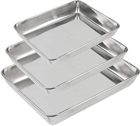 HEIHAK 3 bakplåtar set, 3 storlekar rostfritt stål bakplåt bakplåt för pizza, tårta, kött och sallad, 35 x 30 cm/30 x 25 cm/25 x 20 cm
