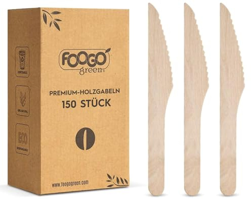 FOOGO Green Einweg-Messer 150-teilig, 16 cm – Nachhaltige Messer aus Birkenholz – Holzbesteck kompostierbar & biologisch abbaubar – Perfekt als Einwegbesteck für Party & Picknick