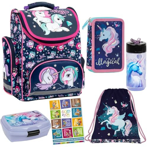 Goldkids Schulranzen Set 6er Ranzen Tornister Federmappe Turnbeutel Turnsack Brotdose Trinkflasche Aufgabenheft für die Grundschule Einhorn Unicorn Motiv