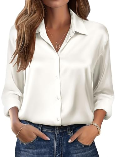 Zeagoo Women's Blouse Satin Silk Shirts Button Down Shirts Casual Loose Long Sleeve Office Work Tunic Tops Beige XL