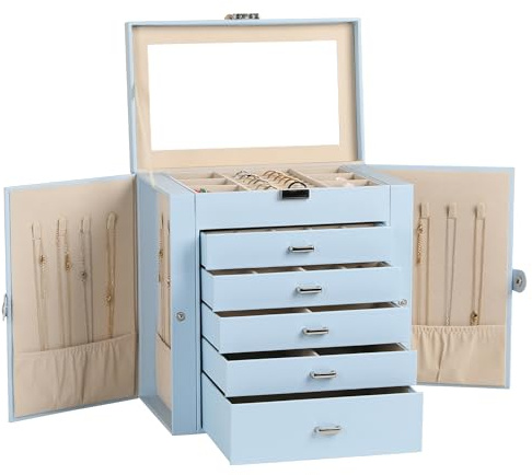Frebeauty große PU-Leder Schmuckbox, 6-stöckig mit Spiegel und Schubladen | Kunstleder, Integrierter Spiegel, Geräumige Schmuckaufbewahrung, 16 Haken Für Halsketten, Ringe, Ohrringe Und Armbänder