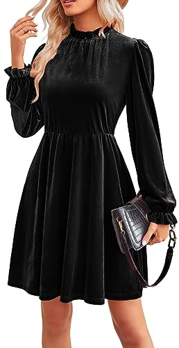 JayscreateEU Abito Donna Nero, Elegante, A Vita Alta, Collo Alto, Maniche Lunghe, Cintura, Abito Caldo A, Midi, Tinta Unita, Lana, Nylon, Rayon, Autunno-Inverno, Casual, Ufficio, Natale, S