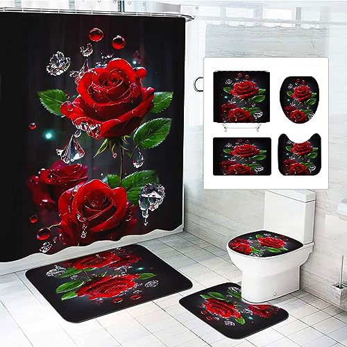 SMchwbc 4Pcs Rose Duschvorhänge Set Blumen Dusche Vorhang Set Mit Teppichen 4-teiliges, Rose Flower Regentropfen-Duschvorhang Rosa Blümchen Shower Curtains wasserdichter (180 x 180 cm(BxH),1)
