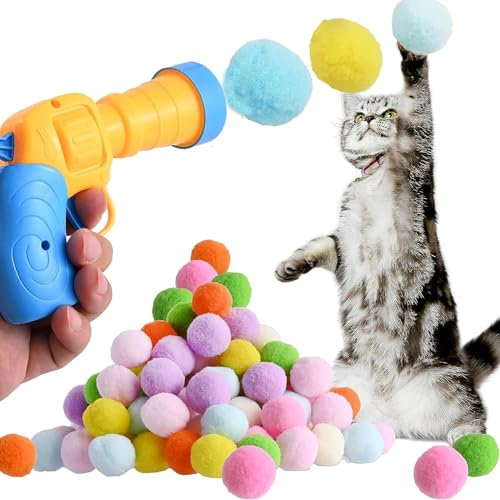 SXFENG Interactive Cat Pom Pom Balls with Launcher - 50pcs Cat Exercise Training Chasing Toys for Indoor Pets