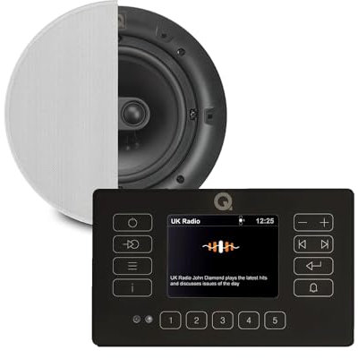 Q Acoustics E120 Bluetooth Ceiling Speaker System with Wall Amplifier & Moisture-Proof Built-in DAB+ Radio, FM Tuner, Stereo Touch Panel & 1x QI65CST Speaker for Home Audio Systems (Black)