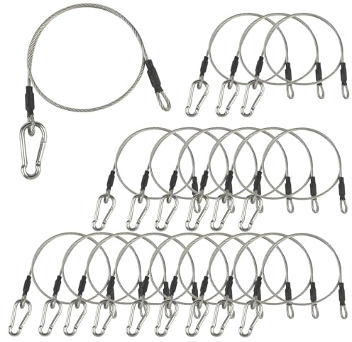 LAICCUM 1/8 Stage Light Cables 20 Pack, 2ft Safety Cables with Carabiner Lock for DJ Light Equipments, Stainless Steel Wire Ropes, 120lb Load Capacity