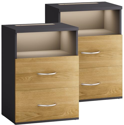 Casaria 2X Nachttisch mit LED Ablagefach Holz Grau | 40x28x55 cm, für Boxspringbett, 55cm Komfortable Höhe, Schlafzimmer, Haushalt, Beistelltisch, Dimmbare Beleuchtung, Holz