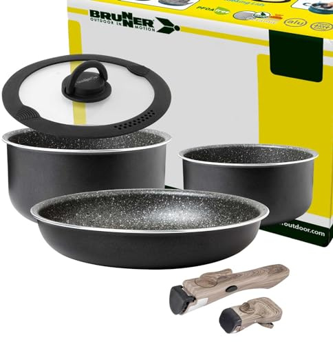 BRUNNER Camping Kochgeschirr-Set Alu - ø 20, 22, 24, 26-cm Pirate | Platzsparend stapelbare Töpfe und Pfannen, 4 Personen, Beschichtet, Leicht, Hochwertig,