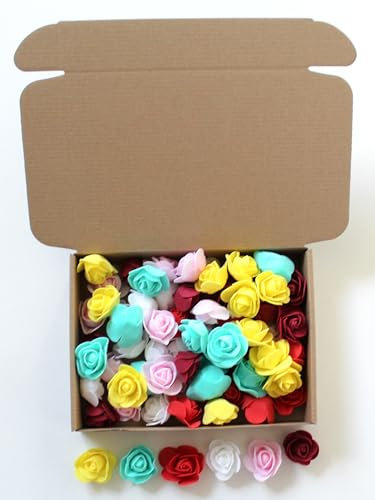 CaPiSo 6 Farben je 12 Stück Künstliche Rosen-Box 3,5cm Blumenköpfe Mini Foamrosen Kunstrosen für Handwerk Brautstrauß Rosenstrauß Streublüten Streurosen Basteln in Aufbewahrungsbox