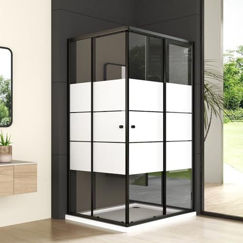 Goezes Duschkabine Eckeinstieg 100x100cm Schwarz Schiebetür Duschabtrennung, Gestreift Glas Duschkabine mit Doppel Schiebetür Dusche aus 6mm ESG Sicherheitsglas, Duschwand Duschtür Höhe 185cm