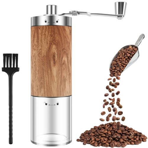 Manual Coffee Bean Grinder with Burr Manual Coffee Grinder with Brush Stainless Steel Hand Coffee Grinder Hand Coffee Bean Grinder Coarseness Adjustable Coffee Grinder for Drip Coffee(Wood Grain)
