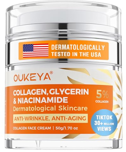 OUKEYA Crema Facial Colágeno, Hidratante Anti-Edad para Día y Noche para Cara y Cuello, 5% Colágeno, 5% Ácido Hialurónico, 5% Niacinamida, Reafirmante, Reducción de Arrugas, Dispensador de Bomba, 50g