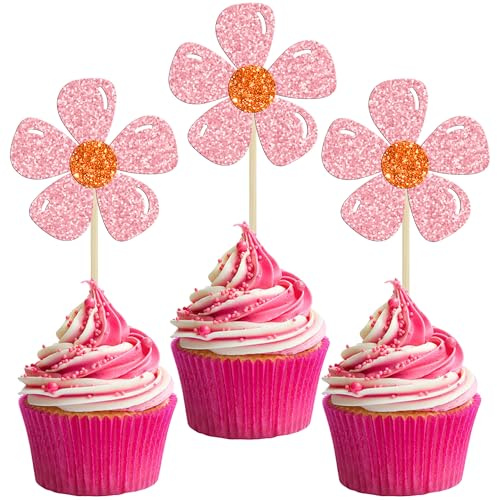 Gyufise 24Pcs Daisy Cupcake Toppers Daisy Flower Cake Picks Chrysanthemum Party Cake Decorations for Spring Birthday Wedding Kids Birthday Party Babyshower Party Decoration Supplies Pink