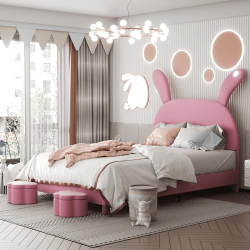 YCYDHDM Polsterbett Kinderbett 140 x 200 cm mit Verstellbares Kopfteil und 2 Aufbewahrungshockern, Doppelbett mit Lattenrost und L/ED Beleuchtung, Bett für Kinderzimmer, Samt, Ohne Matratze, Rosa