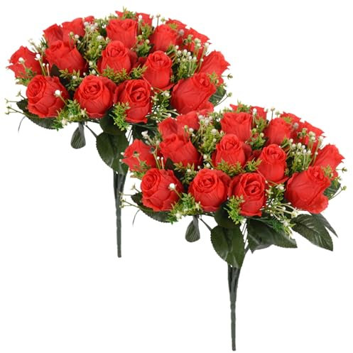 Friedhofsblüten für Grab, 2 Bündel 15,8 -Zoll -künstliche Rosenblumenbündel für Friedhof, falsche Rosengrabblumen für Grabdekorationen (rot)