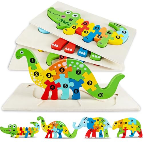 4 Stück 3D Kinder Holzpuzzle, Holzspielzeug ab 1 2 3 Jahren, Steckpuzzle Holz Montessori Spielzeug für Baby, Kleinkind Lernspielzeug, Geschenk für 1 2 3 jährige Jungen und Mädchen (Tier)