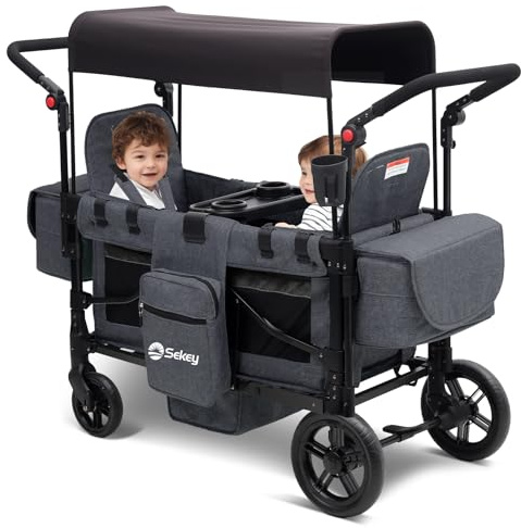 Sekey Wagon Stroller for 2 Kids, Luxury 4-in-1 Stroller Wagon - Premium Quality with Convertible Seats, Adjustable Push Handles, Removable Canopy, Snack Tray & Cooler, US Certified