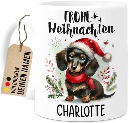 Tassenliebling® Dackel Tasse personalisiert - Kindertasse mit Namen - Frohe Weihnachten - Hunde Geschenke - Weihnachtstasse - Personalisierte Geschenke Kinder - Kinderbecher aus Keramik 330ml