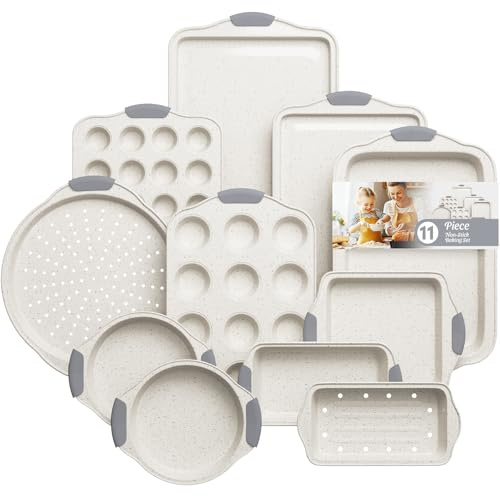 11-Piece Nonstick Baking Pans Set, Stackable Non Toxic Bakeware Sets with Cookie Sheets, Cake Pan, Loaf Pan, Pizza Pan, Muffin Pan, White&Gray