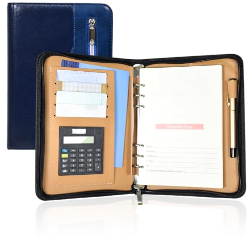 Elezeal Konferenzmappe aus PU-Leder, lose Blätter, A5, Ringbuch, persönliche Arbeit, Padfolio mit Taschenrechner, Reißverschlusstasche und nachfüllbaren Seiten, Business-Notizbuch, Organizer mit