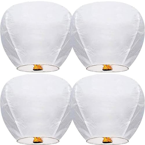 4 Pack White Chinese Lanterns Biodegradable Sky Lanterns – Eco-Friendly Fire Resistant Paper Lantern for Weddings, Memorials, Eid & Outdoor Celebrations (Plain White, No Design)