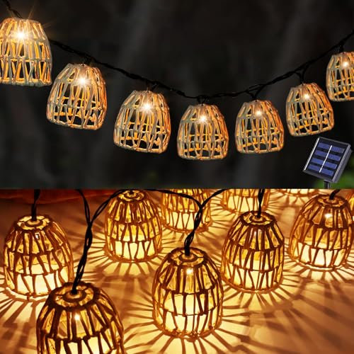 Sunshine smile Catena di Luci Solari per Esterni,Catena Luminosa Solare di Palline Rattan,10 LED Bianchi Caldi Corda luminosa a Sfera in Rattan,Impermeabile Catena Luminosa Esterno Solare
