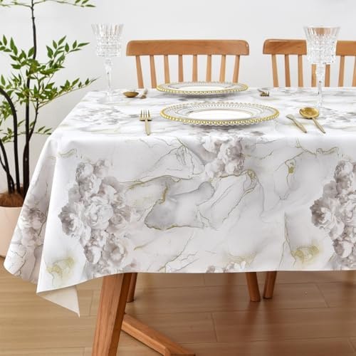 Yofori PVC Table Cloth, White Gold, 137x180cm, Rectangular | Wipe Clean, Marble Floral Pattern, Wipeable Vinyl Waterproof, For Kitchen Dining Outdoor Garden Picnic