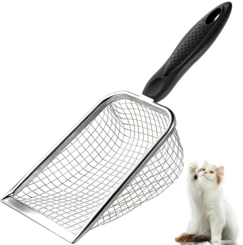 Apidgrowth Cat Litter Scoop - Long Handle Scooper, Rustproof Stainless Steel Mesh, Non-Slip Grip, Deep Shovel Sifter for All Litter Types, Easy Clean Kitty Waste Litter for Litter Box(Black)