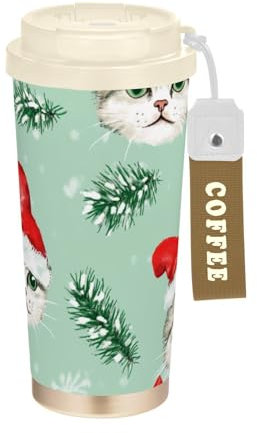 Vasos de café decorativos con diseño de gato de Navidad blanco de dibujos animados para mujeres con tapas para llevar, taza de café de acero inoxidable, taza de café aislada para derrames calientes y