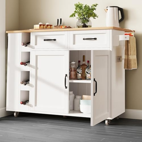 Cayipng 140x72x93cm Isla de Cocina, Mueble de Comedor, Carro de Servicio con 4 Puertas y 2 cajones, Carro Giratorio con Espacio de Almacenamiento (Blanco+con USB)