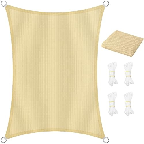 Vela Ombreggiante Traspirante 1.5 x 2.5 m Rettangolare Protezione Solare Anti UV HDPE Traspirante Tessuto Ombreggiante con Fune per Giardino, Terrazza, Piscina (Personalizzabile), Color Crema