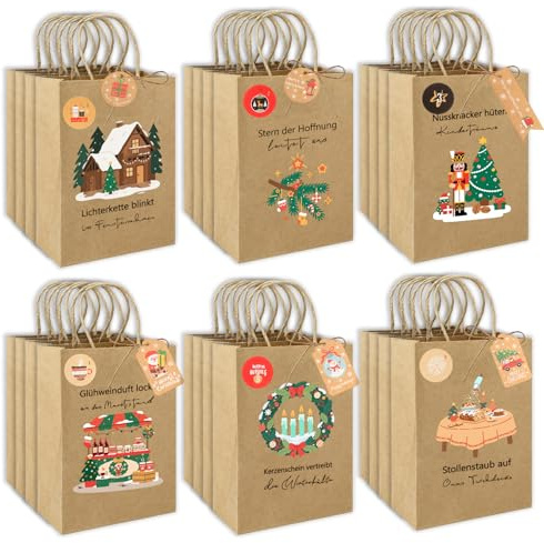 24 Stück Geschenktüten Weihnachten, 6 Motive Weihnachtstüten Papiertüten mit Griff, Weihnachtstaschen Kraftpapiertüten Geschenktasche für Weihnachten Partys, Mitbringsel, Adventskalender, Braun