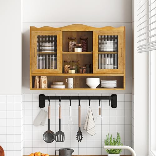 HAINEW Hängeschrank Küchenschrank Wandschrank mit 2 Glas Schiebetür und Offenes Ablagefach, Massivholz und Glas Hängend Badschrank Medizinschrank für Küche Bad, 90×20×60cm (Natur)