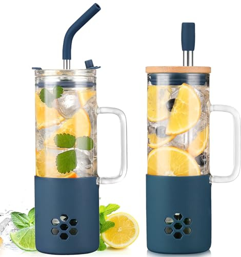 BLUEGO Tasse en verre de 600 ml avec 2 couvercles et poignée, joli gobelet en verre avec pailles et manchon en silicone, tasse à café glacé, gobelet à smoothie, tasse à thé aux perles réutilisable