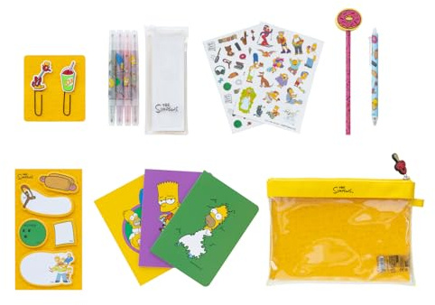 Grupo Erik Die Simpsons Schreibwaren Set Mäppchen mit Kugelschreiber | Bleistift mit Radiergummi - Federmäppchen Groß - Büroklammern - 4 Textmarker - Notizzettel Klebend The Simpsons
