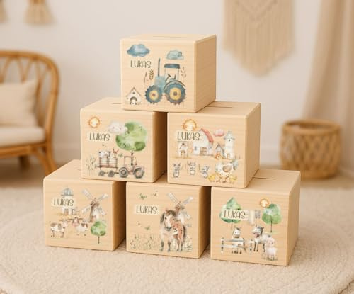 Personalisierte Spardose Holz Bauernhof mit Namen Fuer Kinder individuelle Geldbox aus Naturholz Traktor Tiere Geschenk zur Geburt Taufe Geburtstag Einschulung Kinderzimmer Deko hochwertig