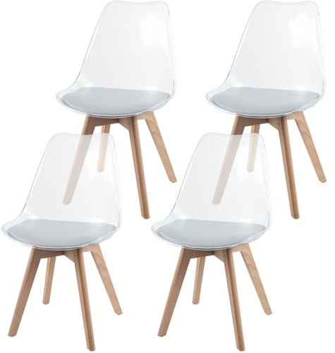 GIANTEX Esszimmerstühle 4er Set, Küchenstühle Transparent mit Massivholz Beinen, Esstisch Stühle mit Gepolstertem Sitz, Essstühle Ergonomisch mit Rückenlehne, Schalenstühle bis zu 150 kg Belastbar