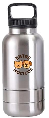 Entre Hocicos Botella contenedora de Comida y Agua para Mascotas, Portátil 2en1 con Dispensador, Acero INOX, 1000ml, Comedero de Viaje para Perros y Gatos.