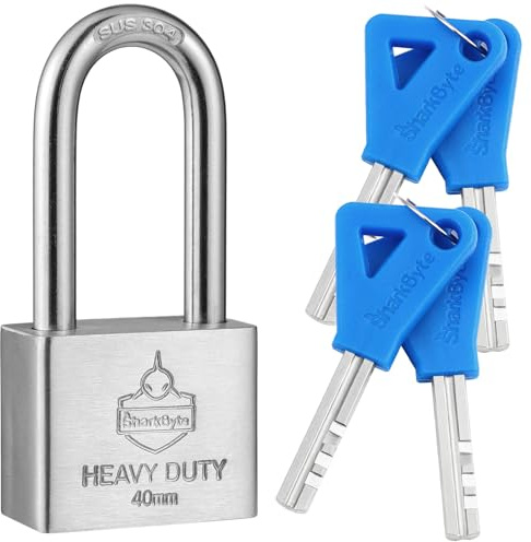 Sharkbyte [Never Rust] 40mm Long Shackle Stainless Steel Padlock with 4 Keys, Waterproof Outdoor Weatherproof Lock, Hardened Body & Mechanism, Ideal for Gate, Shed, Garage, Chain & Storage Units etc