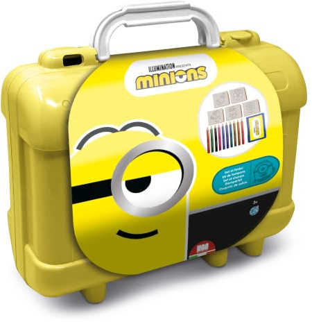 Multiprint - Travel Set Minions 2 | Valigetta con 5 timbri, 10 matite, album da colorare, 64 puzzle stickers e inchiostro lavabile