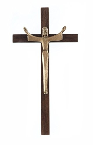Walnut Wood Cross Crucifix with Gold Toned Pewter Risen Christ Corpus, 7 Inch